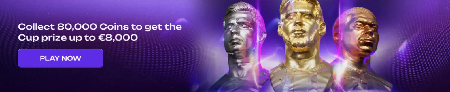 zbierz 80 000 coins i zdobądź nagrodę do €8 000 baner promocyjny z trzema stylizowanymi piłkarzami oraz informacją o zebraniu 80 000 coins i nagrodzie do €8 000 na fioletowym tle